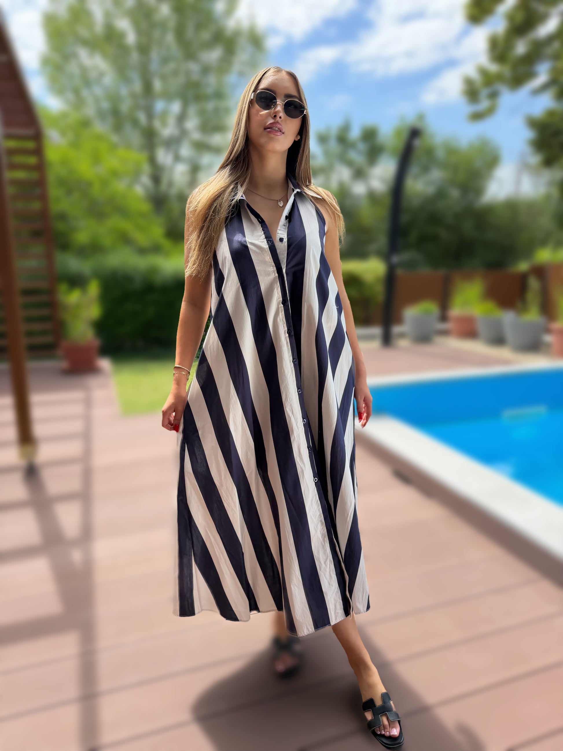 Aysa kék csíkos maxi ruha