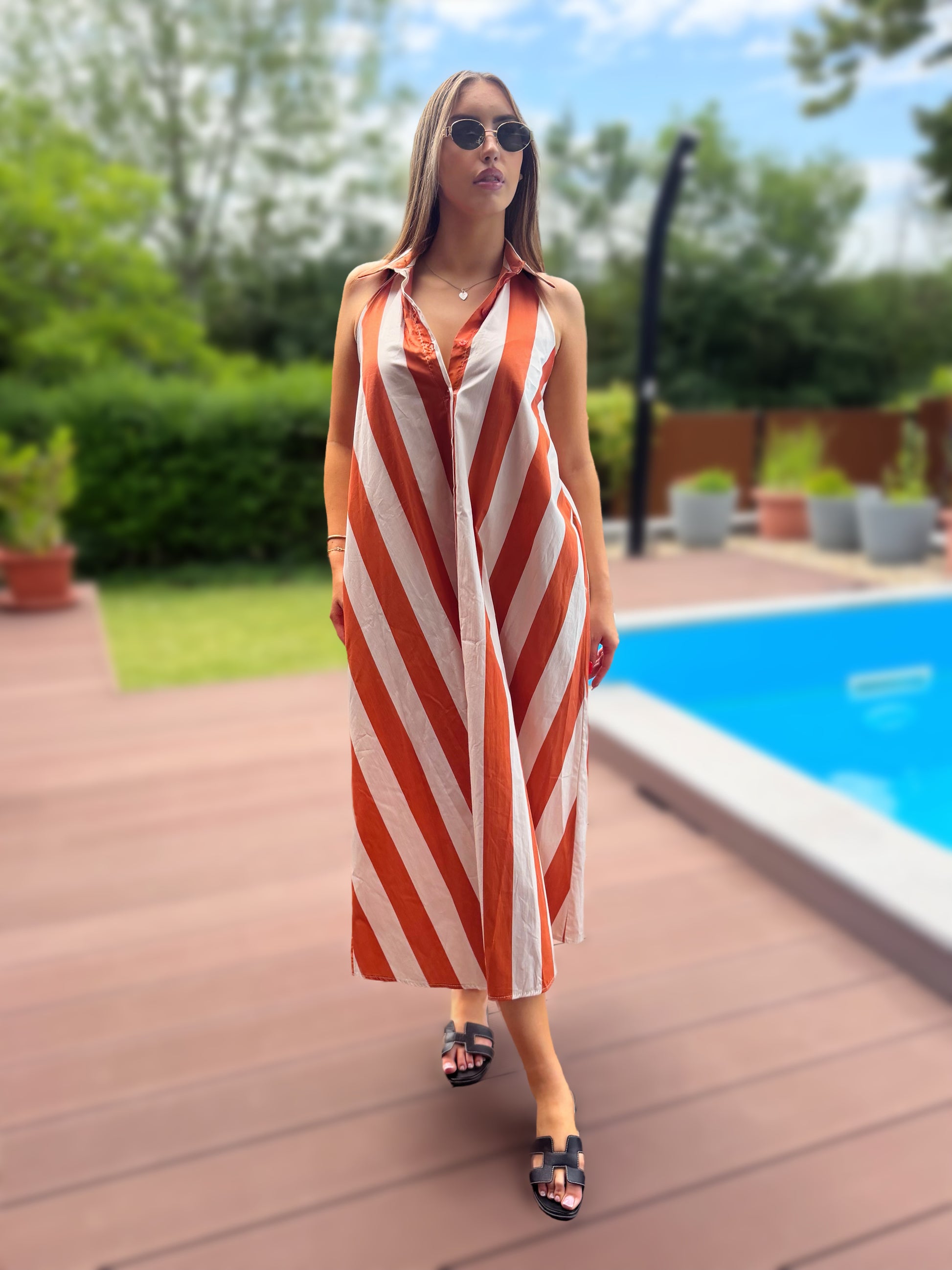 Aysa terrakotta csíkos maxi ruha