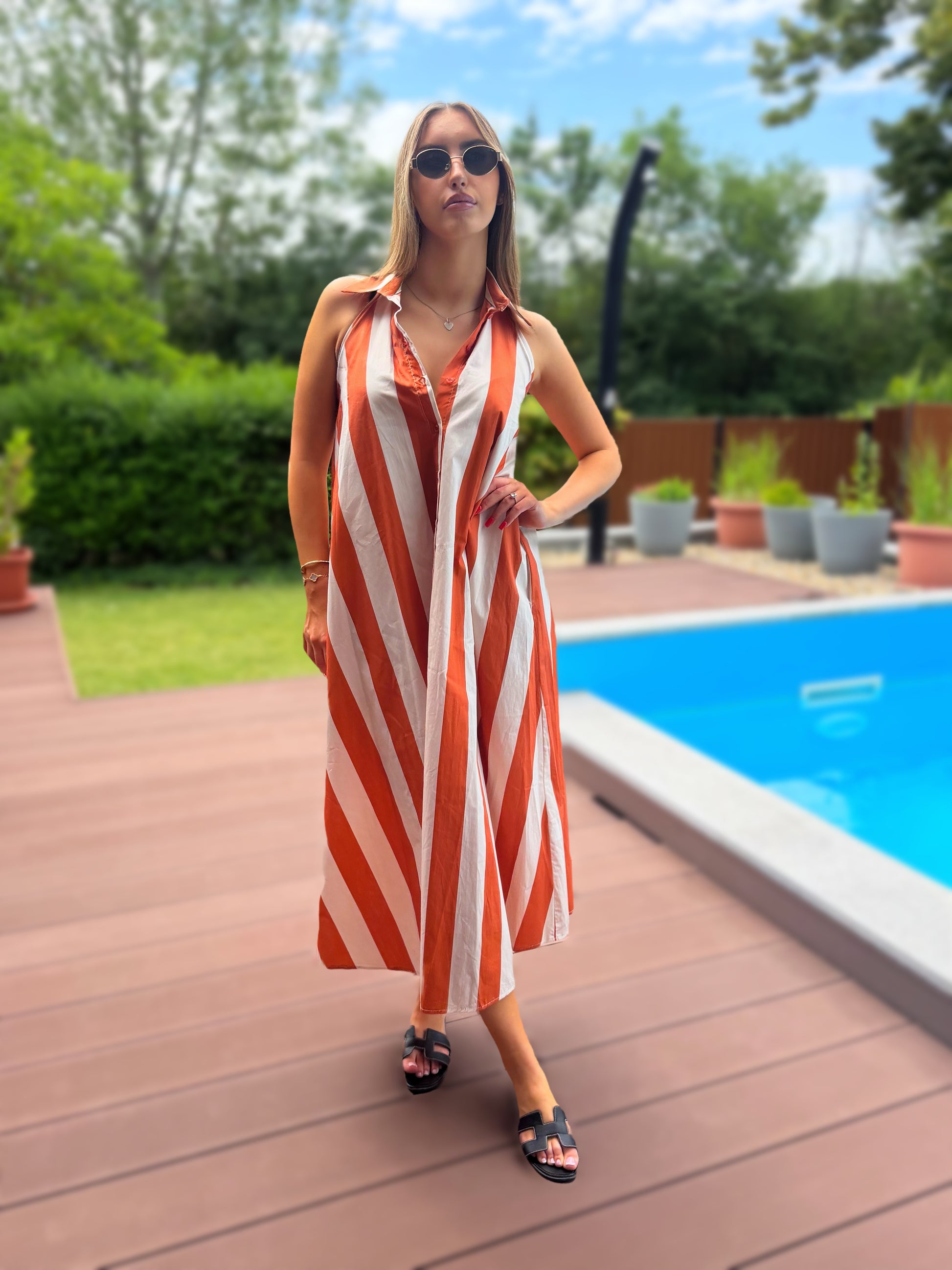 Aysa terrakotta csíkos maxi ruha
