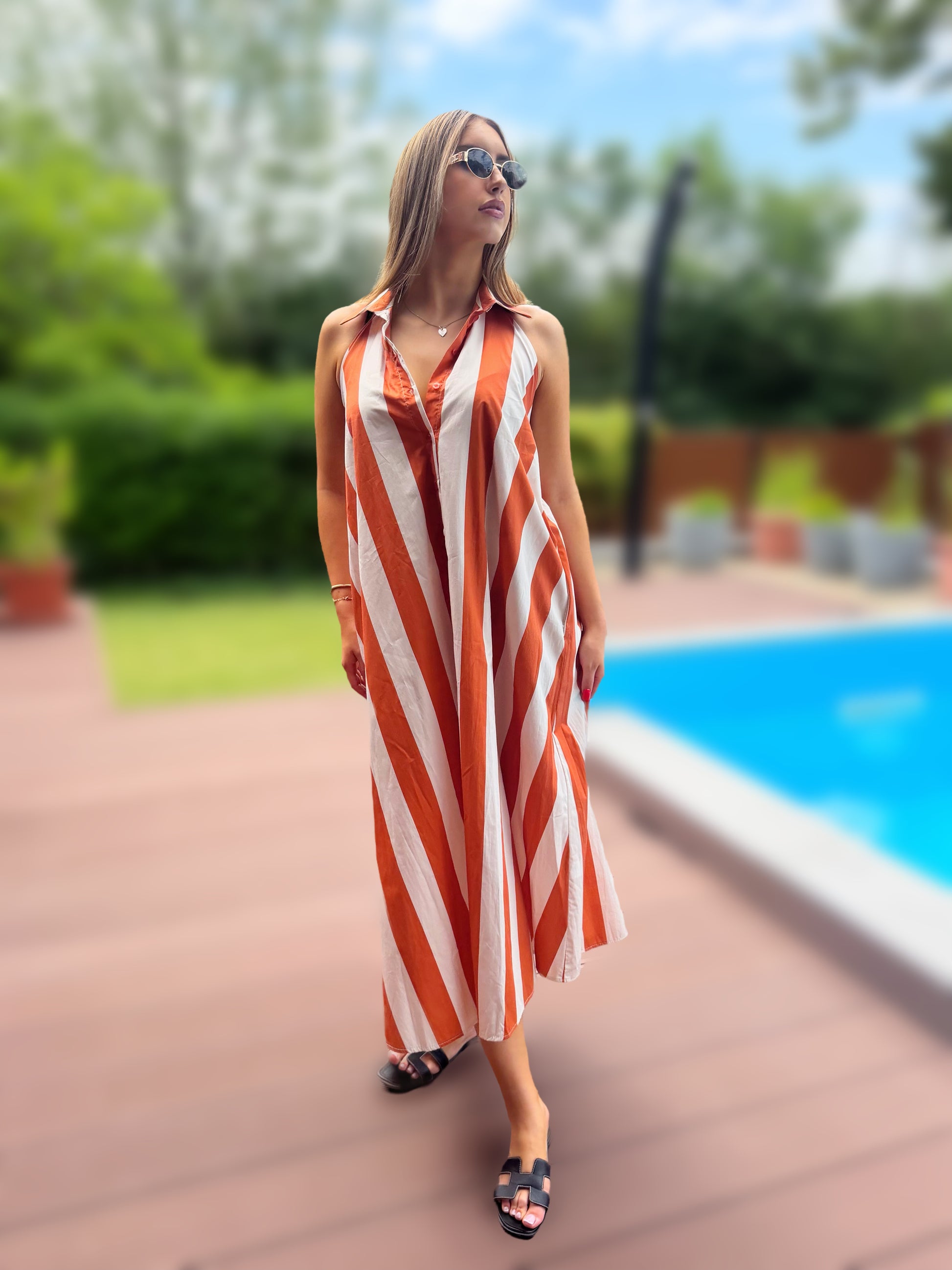 Aysa terrakotta csíkos maxi ruha